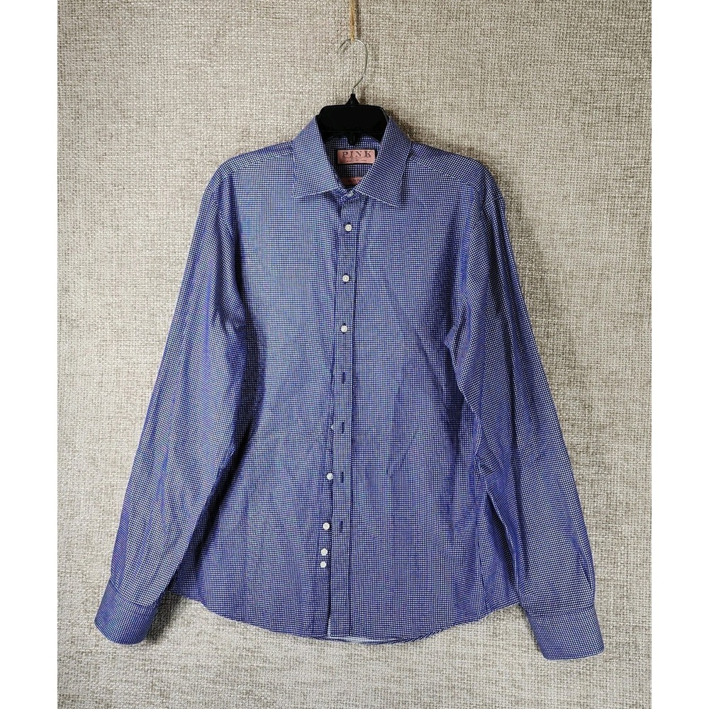 Thomas Pink Slim Fit Prestige Shirt Mens 16 Blue‎ Check Cotton Long Sleeve EUC